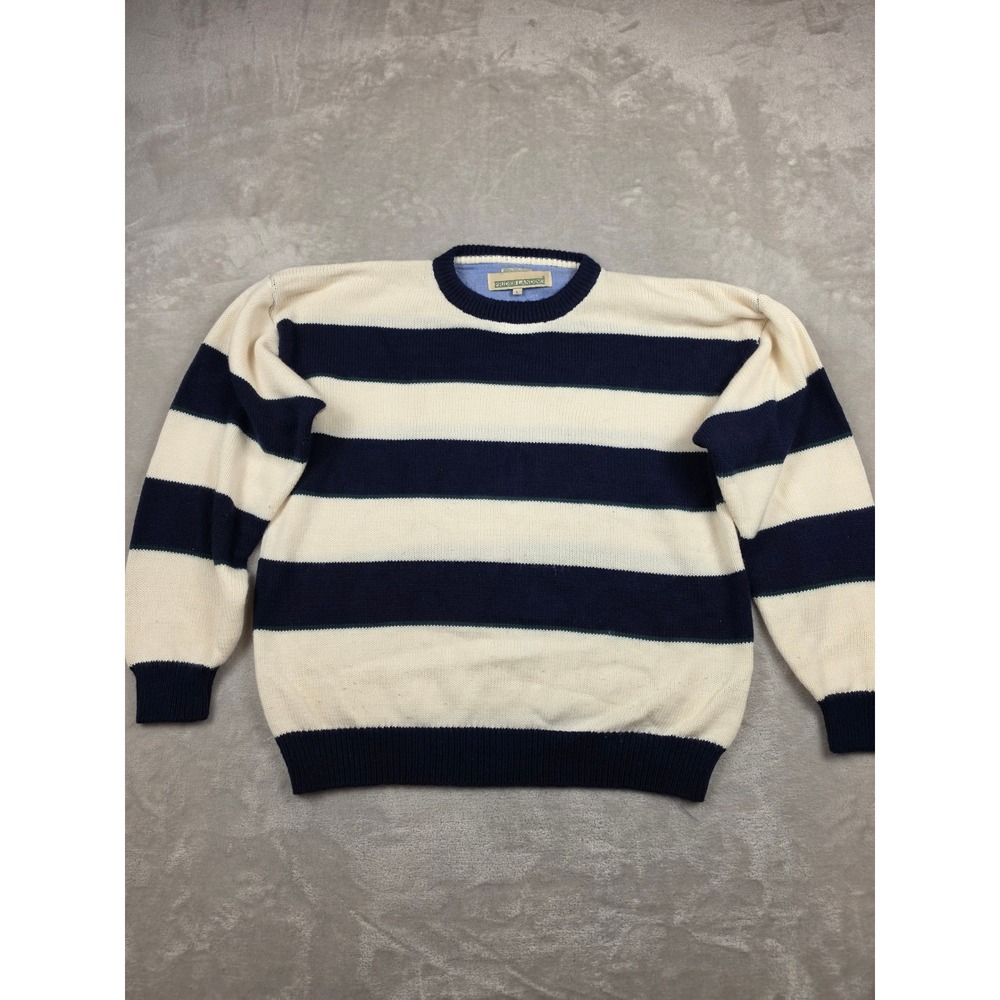 Vintage Prides Landing Sweater Mens L Cream Blue Striped Crewneck Acrylic Knit